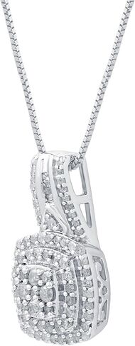 GILDED Sterling Silver Necklace with Natural Round-Cut Diamond Pendant, 18-inch White Silver Chain, 1/2 Carat Total Weight Diamonds, Elegant Gift Box Included in Kuwait