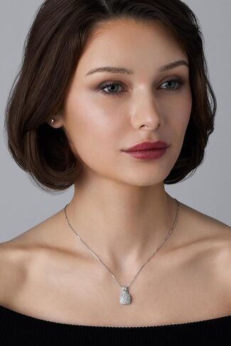 GILDED Sterling Silver Necklace with Natural Round-Cut Diamond Pendant, 18-inch White Silver Chain, 1/2 Carat Total Weight Diamonds, Elegant Gift Box Included in Kuwait