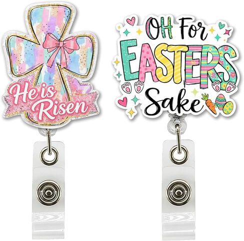 2Pcs Easter Cross Badge Reel He is Risen with Retractable ID Holder, Christian Badge Clip for Nurse Teacher Medical Office Work Gift in Saudi Arabia