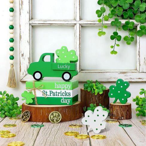 8 قطع ديكورات يوم القديس باتريك، ديكور صينية متدرجة لعيد القديس باتريك - شاحنة خشبية كومة كتب شامروك، علامة طاولة أيرلندية محظوظة، قطعة مركزية، ديكورات يوم القديس باتريك السعيد للمكتب المنزلي in Kuwait