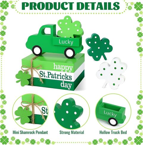 8 قطع ديكورات يوم القديس باتريك، ديكور صينية متدرجة لعيد القديس باتريك - شاحنة خشبية كومة كتب شامروك، علامة طاولة أيرلندية محظوظة، قطعة مركزية، ديكورات يوم القديس باتريك السعيد للمكتب المنزلي in Kuwait