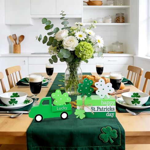 8 قطع ديكورات يوم القديس باتريك، ديكور صينية متدرجة لعيد القديس باتريك - شاحنة خشبية كومة كتب شامروك، علامة طاولة أيرلندية محظوظة، قطعة مركزية، ديكورات يوم القديس باتريك السعيد للمكتب المنزلي in Kuwait