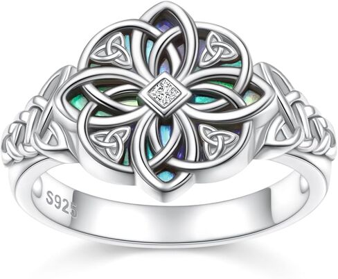 925 Sterling Silver Celtic Knot Rings for Women, Abalone Shell Trinity Knot Ring with CZ, Infinity Cross Celtic Knot Ring, Irish Celtic Wiccan Jewelry Vintage Promise Rings Birthday Christmas Gift in Kuwait