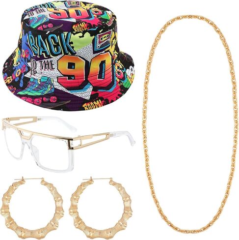 80s 90s الهيب هوب زي عدة مغني الراب اكسسوارات الزي للرجال النساء الشرير الذهب سلسلة دلو قبعة هوب أقراط in Saudi Arabia