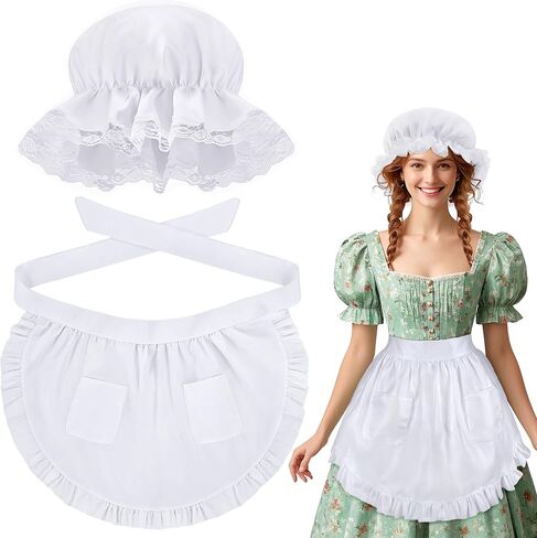 Colonial Costume Accessories, Pilgrim Costume Set with White Mob Cap Bonnet Waist Apron for Maid Women for Cosplay in Kuwait
