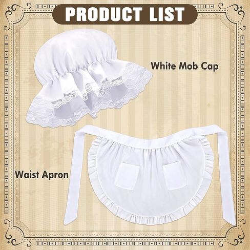 Colonial Costume Accessories, Pilgrim Costume Set with White Mob Cap Bonnet Waist Apron for Maid Women for Cosplay in Kuwait
