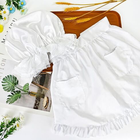 Colonial Costume Accessories, Pilgrim Costume Set with White Mob Cap Bonnet Waist Apron for Maid Women for Cosplay in Kuwait