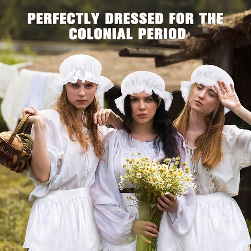 Colonial Costume Accessories, Pilgrim Costume Set with White Mob Cap Bonnet Waist Apron for Maid Women for Cosplay in Kuwait