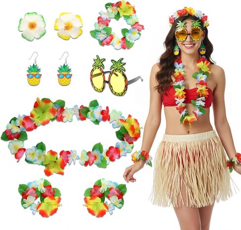 Hawaiian Outfits Accessories Set for Women, 8 PCS Hawaii Hula Dress Up Accessory for Summer Beach Favors Supplies in Kuwait