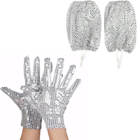 قطعتان من أغطية جوارب الترتر الفضي وقفازات الترتر اللامعة، إكسسوارات زي نجم الرقص 80s 90s ملابس مرحلة البوب ​​لحفلات الهالوين التنكرية in Kuwait