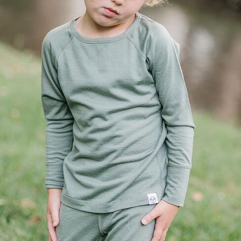 Woolino Merino Wool Base Layer for Kids - Super Soft Kids Long Sleeve Thermal Top and Leggings - All Natural Base Layer Shirt and Bottoms - Sage in Kuwait
