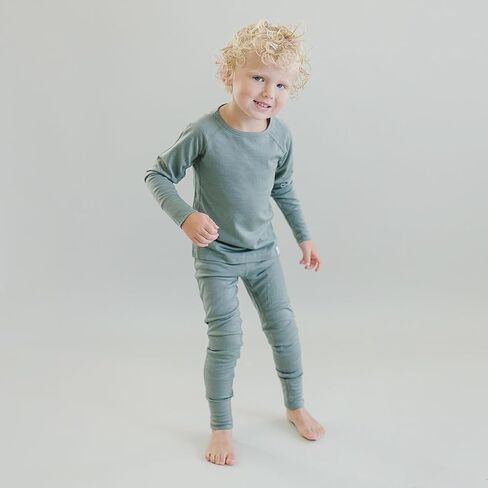 Woolino Merino Wool Base Layer for Kids - Super Soft Kids Long Sleeve Thermal Top and Leggings - All Natural Base Layer Shirt and Bottoms - Sage in Kuwait
