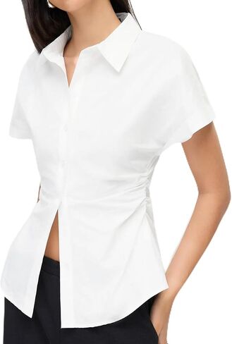 Women's Button Down Shirt Casual Short Sleeve Ruched Blouse Work Top, Stylish Office & Casual Shirt in Saudi Arabia