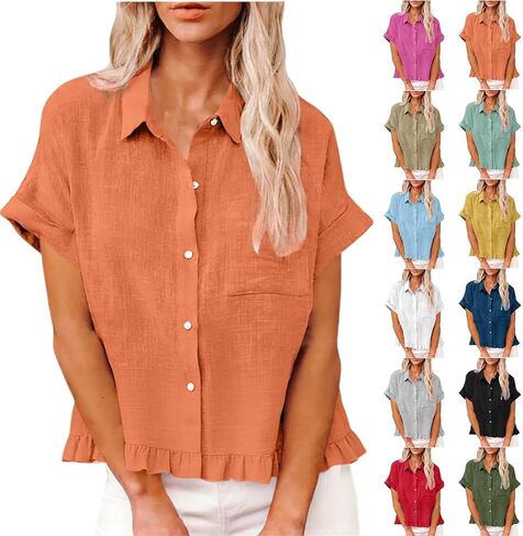 قمصان نسائية صيفية أنيقة من الكتان بأزرار سفلية، قميص لطيف مكشكش بأكمام قصيرة، ملابس غير رسمية لقضاء العطلات والربيع in Kuwait