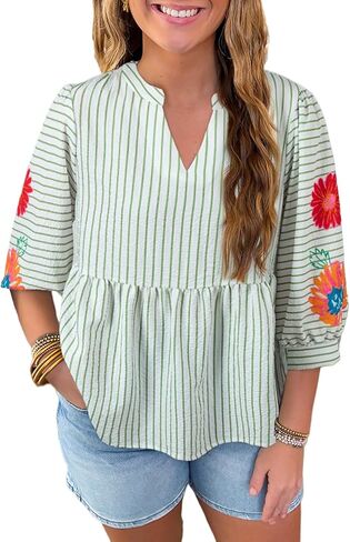 Women's Green Stripe Flower Puff Sleeve Notched V Neck Babydoll Blouse in Saudi Arabia