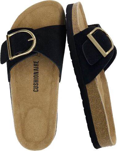 CUSHIONAIRE Leeds 100% Genuine Leather Suede Womens Sandals, Comfortable Slides for Women with Adjustable Statement Buckle in Saudi Arabia
