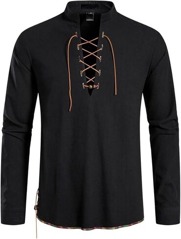 Mens Retro Long Sleeve Front Lace Up Shirt Renaissance Poet Performance Costume in Saudi Arabia