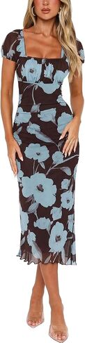 Relipop Women's Summer Midi Dress 2026 Floral Causal Square Neck Bodycon Mesh Ruched Short Sleeve Beach Vacation Long Dresses in Saudi Arabia