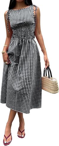 Acelitt Summer Maxi Dresses for Women 2026 Smocked Waist Gingham Dress Flowy A Line Beach Long Sundresses with Pockets in Saudi Arabia