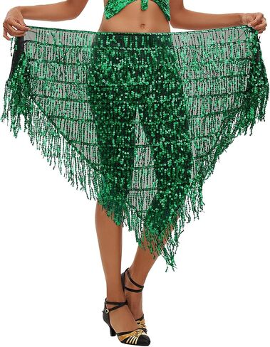 FEOYA Women's Shiny Sequin Fringe Hip Scarf Adjustable Tassel Skirts Belly Dance Performance Skirt One Size in Saudi Arabia