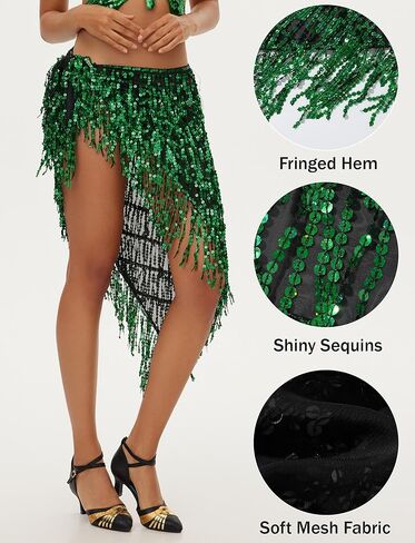 FEOYA Women's Shiny Sequin Fringe Hip Scarf Adjustable Tassel Skirts Belly Dance Performance Skirt One Size in Saudi Arabia