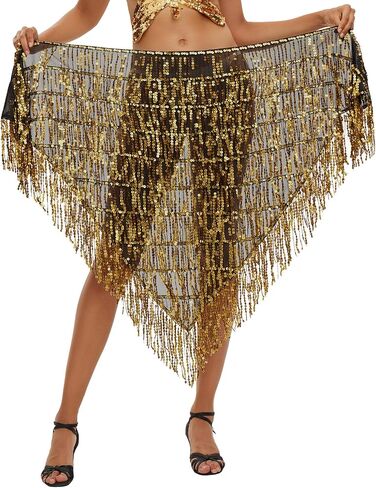 FEOYA Women's Shiny Sequin Fringe Hip Scarf Adjustable Tassel Skirts Belly Dance Performance Skirt One Size in Saudi Arabia