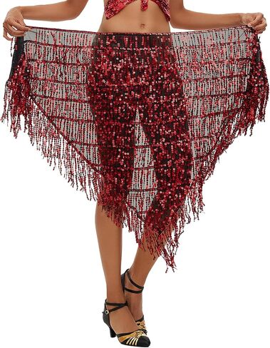 FEOYA Women's Shiny Sequin Fringe Hip Scarf Adjustable Tassel Skirts Belly Dance Performance Skirt One Size in Saudi Arabia