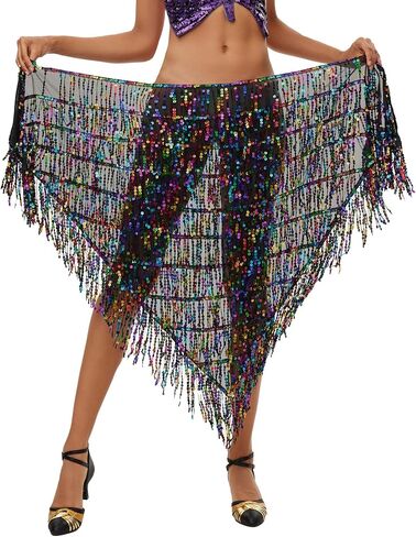 FEOYA Women's Shiny Sequin Fringe Hip Scarf Adjustable Tassel Skirts Belly Dance Performance Skirt One Size in Saudi Arabia