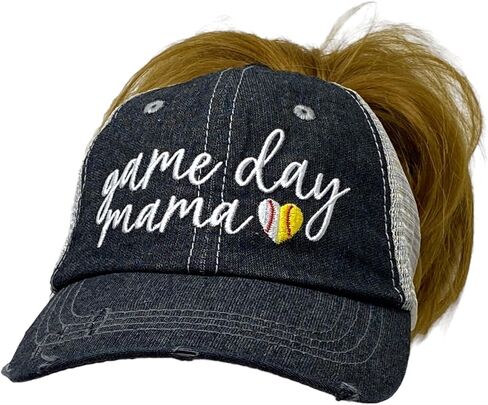Game Day Mama Messy Bun High Ponytail Ball Mom | Baseball Hat | Softball Mom Hat -407 Dark Grey in Saudi Arabia
