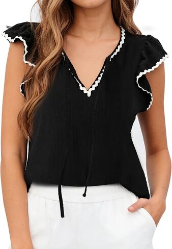 Avanova Women Contrast Trim Flutter Ruffle Sleeve Blouses Texture V Neck Tops Shirts in Kuwait