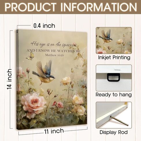 XINCEYWJ Vintage Christian Bird Floral Wall Art Decor, Religious Bible Verse Canvas Art Prints Framed, Floral Bird Scripture Pictures Wall Decorations for Home Bedroom Living Room Church, 11x14 Inches in Saudi Arabia