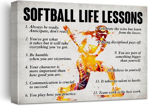 Hijie Softball Poster Canvas Wall Art for Home Bedroom Decor, Positive Baseball Life Lessons Canvas Print Painting, Gifts for Softball Lovers Women, 12x15 Inch in Kuwait