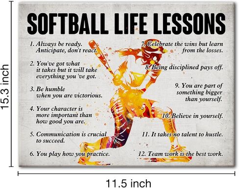 Hijie Softball Poster Canvas Wall Art for Home Bedroom Decor, Positive Baseball Life Lessons Canvas Print Painting, Gifts for Softball Lovers Women, 12x15 Inch in Kuwait