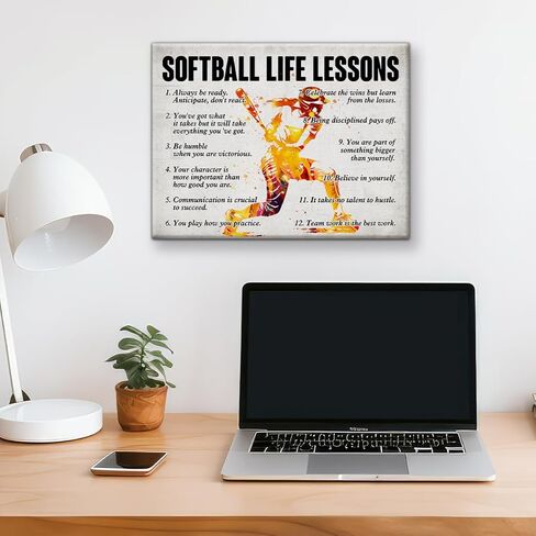 Hijie Softball Poster Canvas Wall Art for Home Bedroom Decor, Positive Baseball Life Lessons Canvas Print Painting, Gifts for Softball Lovers Women, 12x15 Inch in Kuwait