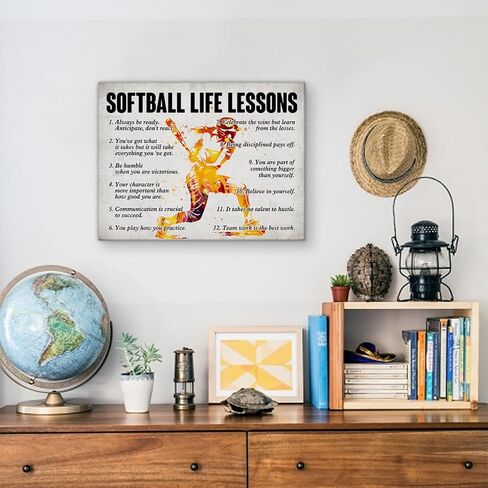 Hijie Softball Poster Canvas Wall Art for Home Bedroom Decor, Positive Baseball Life Lessons Canvas Print Painting, Gifts for Softball Lovers Women, 12x15 Inch in Kuwait