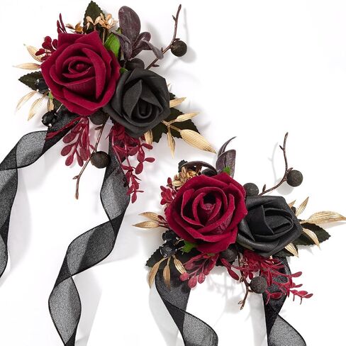 Alecono Burgundy Corsage and Boutonniere Set, Red and Black Rose Corsage Wristlet and Boutonniere for Wedding Prom Flower Accessories Suit Decorations in Kuwait