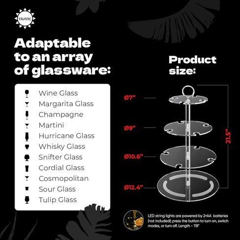 Cocktail Tree Stand, Clear Acrylic Drink Tower, 3 Tier - 12 Holders with Light String for Party For Champagne, Martini, Margarita Cups, 12.4″*21.5″ in Kuwait