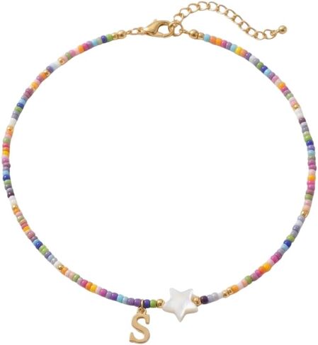Colorful Beaded Choker Necklace for Women, Personalized Initial Letter and Star Charm Pendant, Trendy Boho Aesthetic Dainty Layering Summer Beach Jewelry Gifts for Wife or Girlfriend (Adjustable Length) in Saudi Arabia