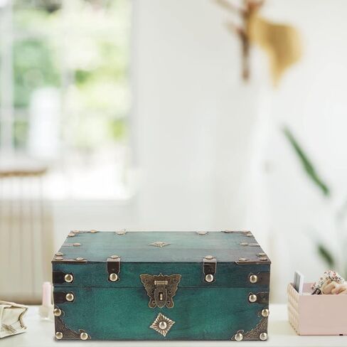 Wooden Box Antique Old Decorative Storage Wooden Jewelry Box Vintage Storage Box Organizer Treasure Chest with Lock for Document Books Jewelry Stash Green Decor in Saudi Arabia