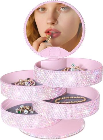 Bling Jewelry Organizer, Glitter Small Jewelry Storage Box Earring Holder for Women, 5-Layer Rotating Travel Jewelry Tray Case for Rings Bracelets,Shiny Gift for Women Teen Girls(Pink) in Kuwait