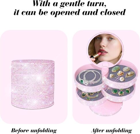 Bling Jewelry Organizer, Glitter Small Jewelry Storage Box Earring Holder for Women, 5-Layer Rotating Travel Jewelry Tray Case for Rings Bracelets,Shiny Gift for Women Teen Girls(Pink) in Kuwait
