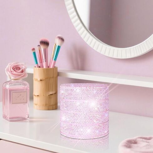 Bling Jewelry Organizer, Glitter Small Jewelry Storage Box Earring Holder for Women, 5-Layer Rotating Travel Jewelry Tray Case for Rings Bracelets,Shiny Gift for Women Teen Girls(Pink) in Kuwait