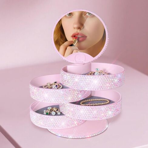 Bling Jewelry Organizer, Glitter Small Jewelry Storage Box Earring Holder for Women, 5-Layer Rotating Travel Jewelry Tray Case for Rings Bracelets,Shiny Gift for Women Teen Girls(Pink) in Kuwait