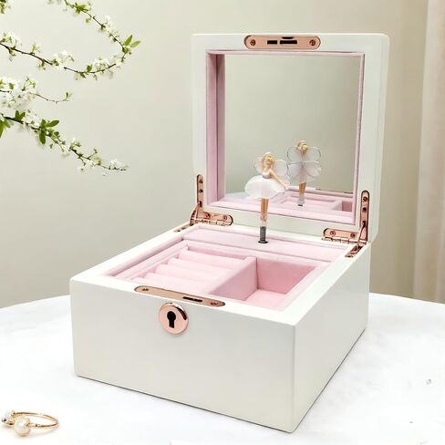 صندوق مجوهرات خشبي أبيض موسيقي للفتيات والنساء، صندوق تخزين المجوهرات، صندوق موسيقى، هدايا لعيد الميلاد وأعياد الميلاد وعيد الحب وجميع العطلات - لمسة نهائية شديدة اللمعان in Kuwait