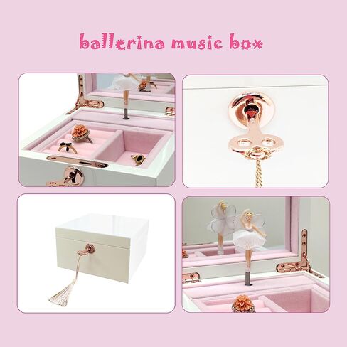 صندوق مجوهرات خشبي أبيض موسيقي للفتيات والنساء، صندوق تخزين المجوهرات، صندوق موسيقى، هدايا لعيد الميلاد وأعياد الميلاد وعيد الحب وجميع العطلات - لمسة نهائية شديدة اللمعان in Kuwait