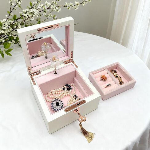 صندوق مجوهرات خشبي أبيض موسيقي للفتيات والنساء، صندوق تخزين المجوهرات، صندوق موسيقى، هدايا لعيد الميلاد وأعياد الميلاد وعيد الحب وجميع العطلات - لمسة نهائية شديدة اللمعان in Kuwait