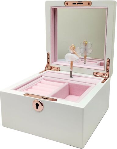 صندوق مجوهرات خشبي أبيض موسيقي للفتيات والنساء، صندوق تخزين المجوهرات، صندوق موسيقى، هدايا لعيد الميلاد وأعياد الميلاد وعيد الحب وجميع العطلات - لمسة نهائية شديدة اللمعان in Kuwait