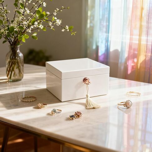 صندوق مجوهرات خشبي أبيض موسيقي للفتيات والنساء، صندوق تخزين المجوهرات، صندوق موسيقى، هدايا لعيد الميلاد وأعياد الميلاد وعيد الحب وجميع العطلات - لمسة نهائية شديدة اللمعان in Kuwait