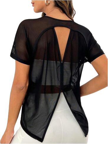 Floerns Women's Sheer Mesh Crew Neck Gym Top Short Sleeve Cut Out Split Back Summer Tops in Saudi Arabia