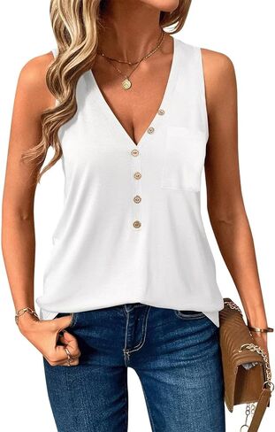 قميص بدون أكمام للنساء برقبة على شكل حرف V فضفاض من Henley مع جيب، ملابس علوية نسائية صيفية بدون أكمام كاجوال in Kuwait